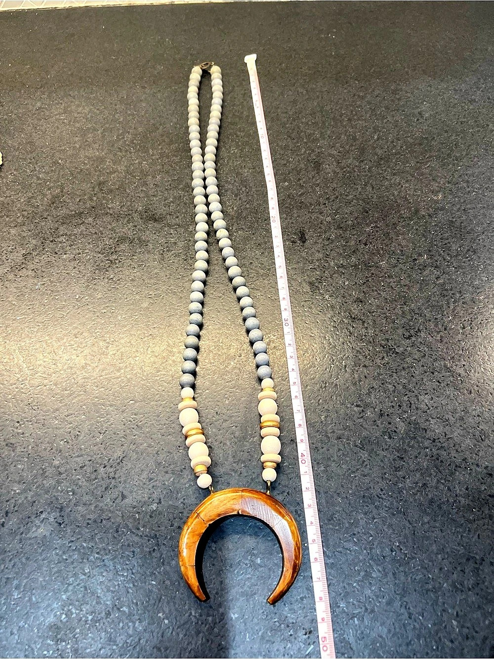 Wood Pendant Beaded Necklace Brown, White, Gold